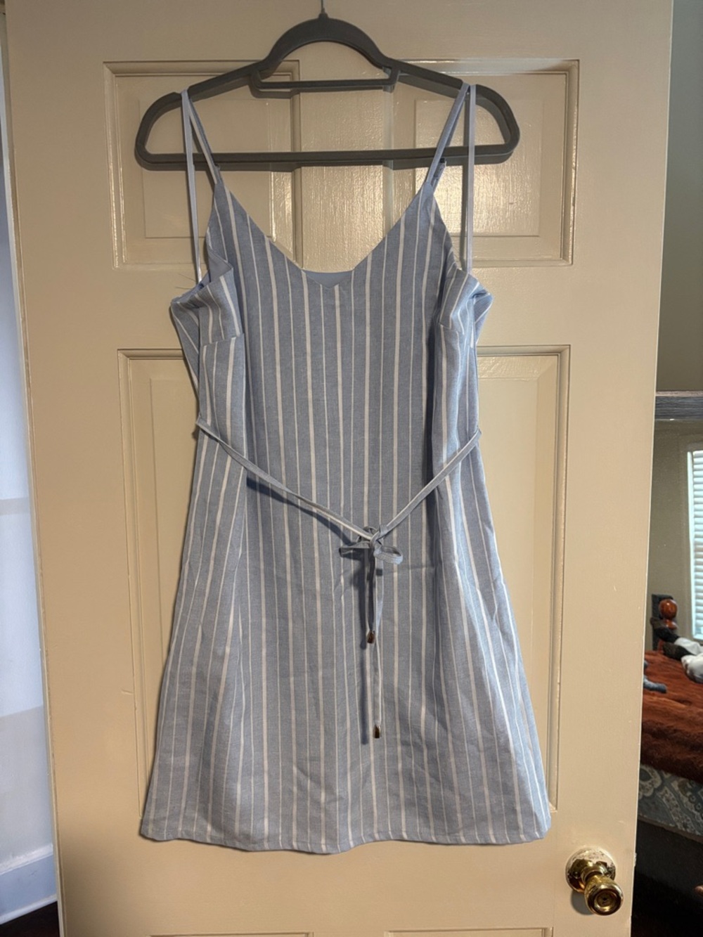 She + Sky Blue and White Striped Spaghetti Strap Tie-Waist Mini Dress